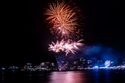 Spectacular fireworks illuminate the night sky over The Entrance, Australia during a festive celebration.